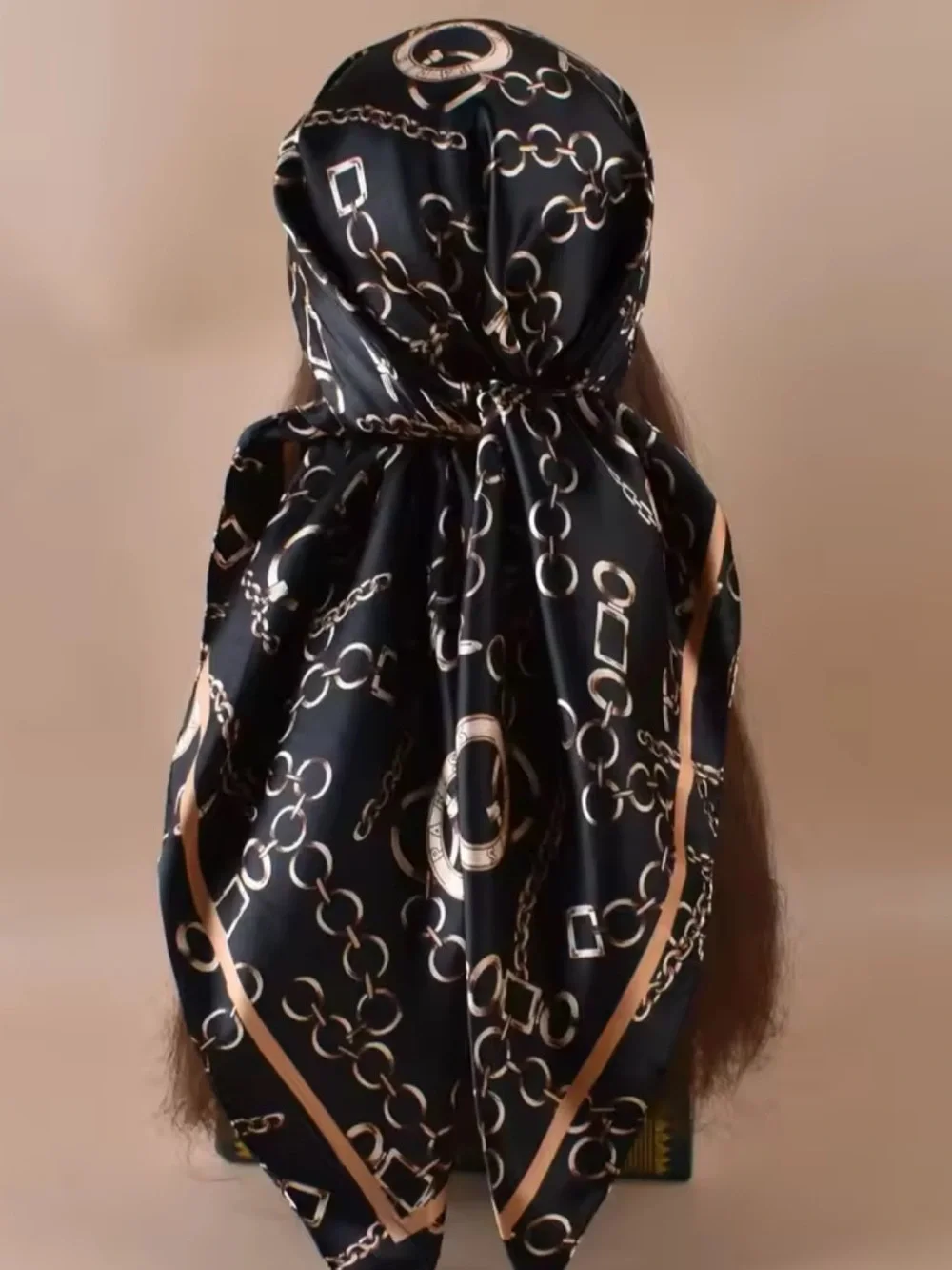 Black Satin Chain-Print Head Scarf with Gold Accents